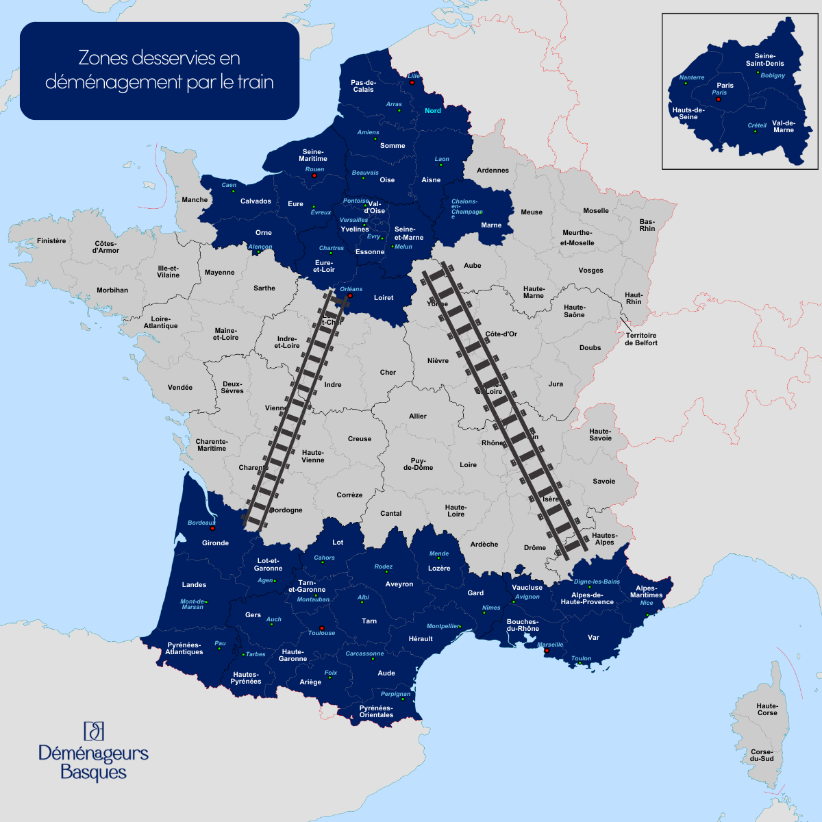 Zones desservies en déménagement par train par les Déménageurs Basques